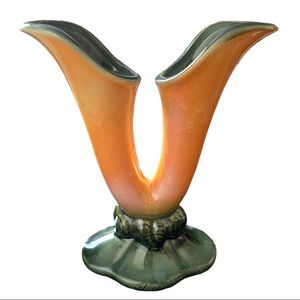 Antique Double Stem Mottled Orange Cornucopia Hull Pottery USA